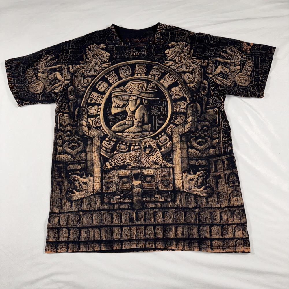 Y2K‎ Aztec Mayan Men's L Shirt Black Bronze Allover Print Tribal S/S Tee Cotton